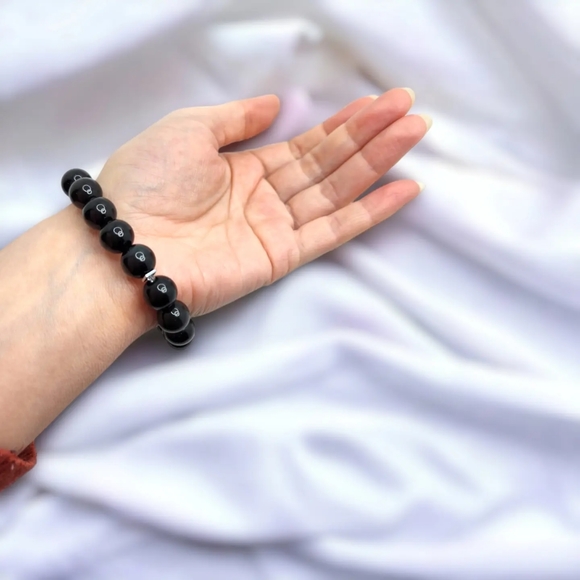 Black Obsidian, Freshwater Pearl, Evil Eye Bracelet 10 mm - Picture 5 of 6